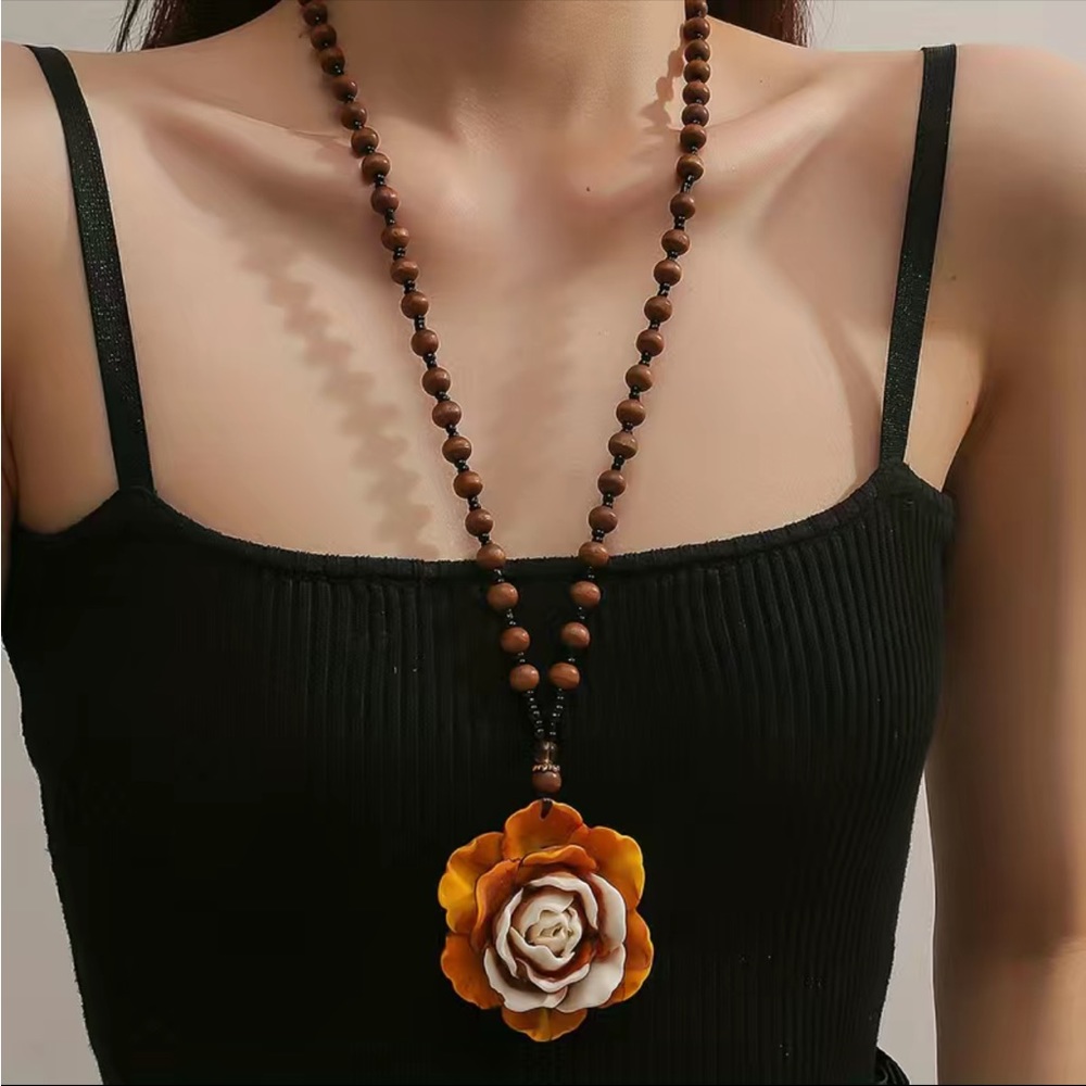 Opal Rose Flower Pendant With Wooden‎ Beads Necklace 
16”inch long